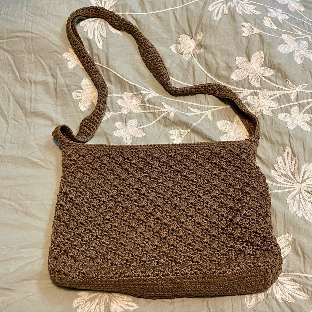 The SAK Taupe Knit Woven Crochet Shoulder Bag BOHO Lagenlook Cottagecore Vibes